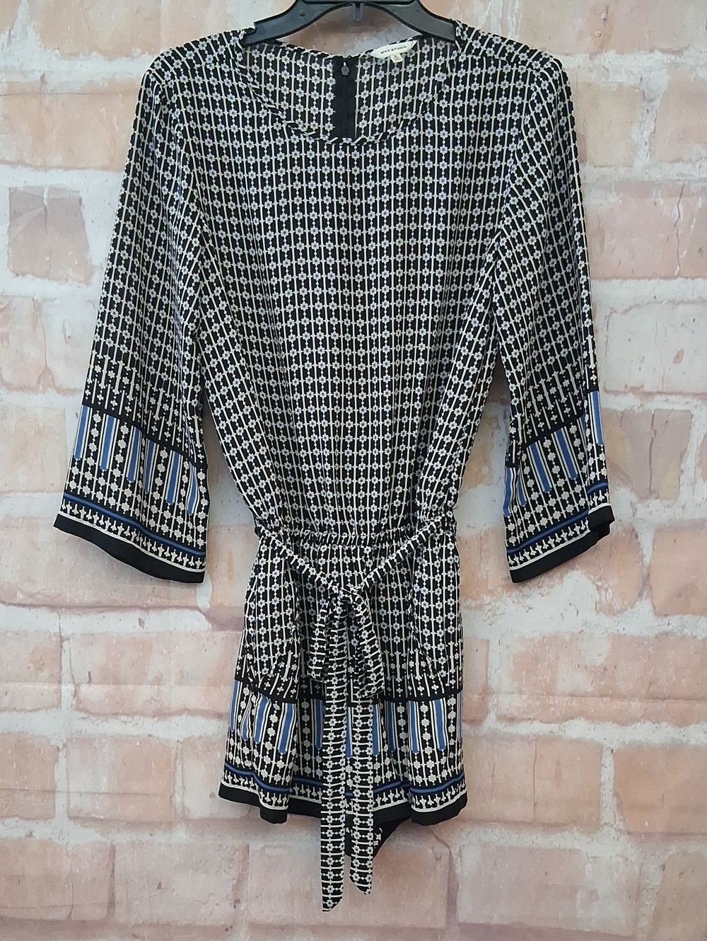 Max Studio Black & White Patterned Tie-Waist Romper with Blue Accents